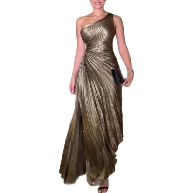 Women’s Metallic One-Shoulder Corset Evening Dress – Ruched Mermaid Gown