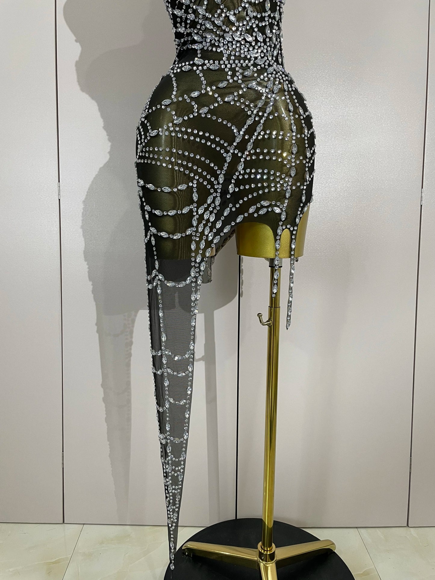 Women’s Sparkly Asymmetric Mesh Bodycon Mini Dress – Club Party Costume