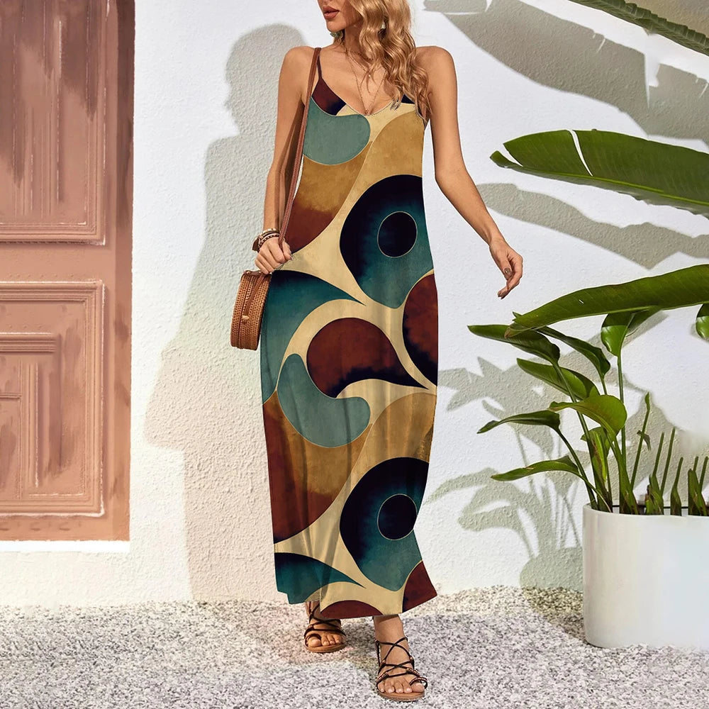 Plus Size Feather 3D Print Maxi Dress – Summer Party Swing Dress