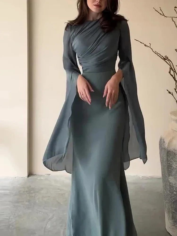 Women’s Elegant Batwing Sleeve Satin Long Dress – High Waist Pleated Slim Dress