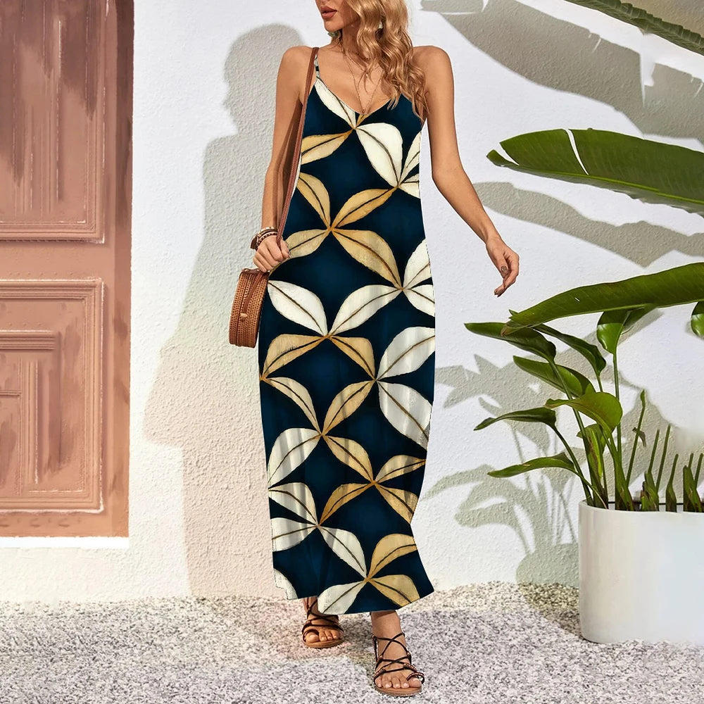 Plus Size Feather 3D Print Maxi Dress – Summer Party Swing Dress