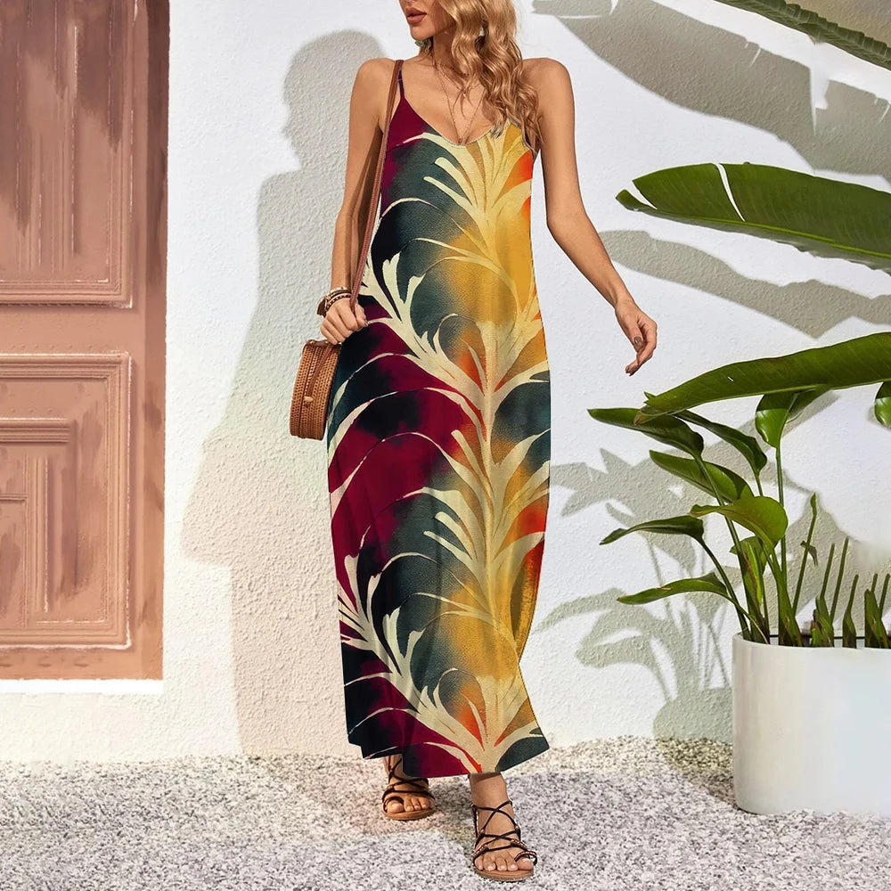 Plus Size Feather 3D Print Maxi Dress – Summer Party Swing Dress