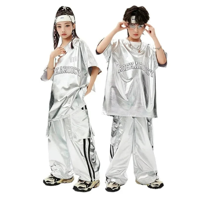 Kids Hip Hop Dance Outfit – Silver T-Shirt & Cargo Pants
