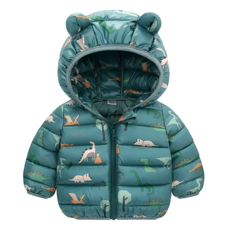 Kids Dinosaur Print Hooded Down Jacket – Winter/Autumn