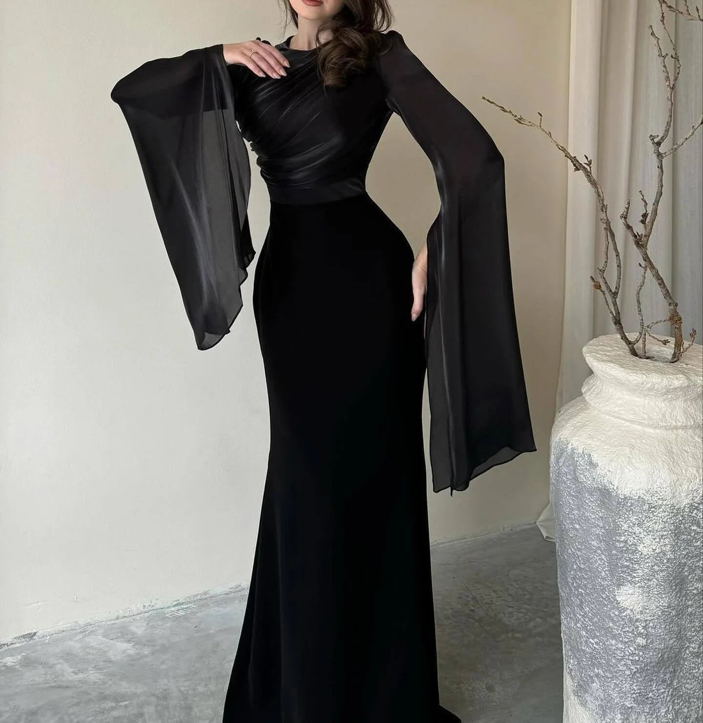 Women’s Elegant Batwing Sleeve Satin Long Dress – High Waist Pleated Slim Dress