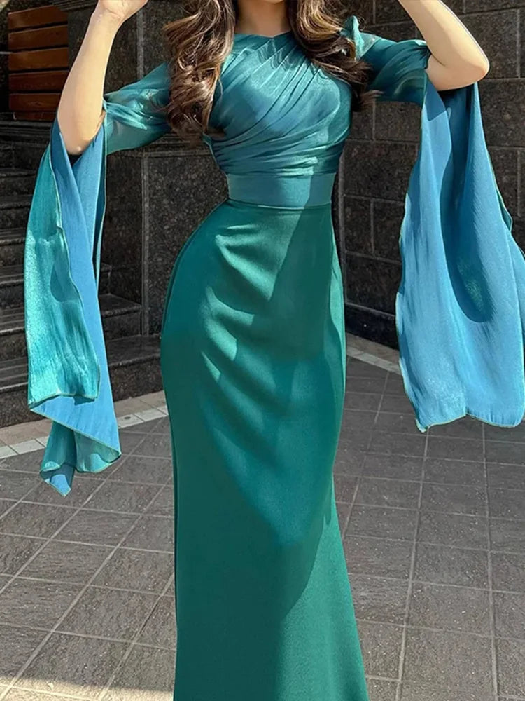 Women’s Elegant Batwing Sleeve Satin Long Dress – High Waist Pleated Slim Dress