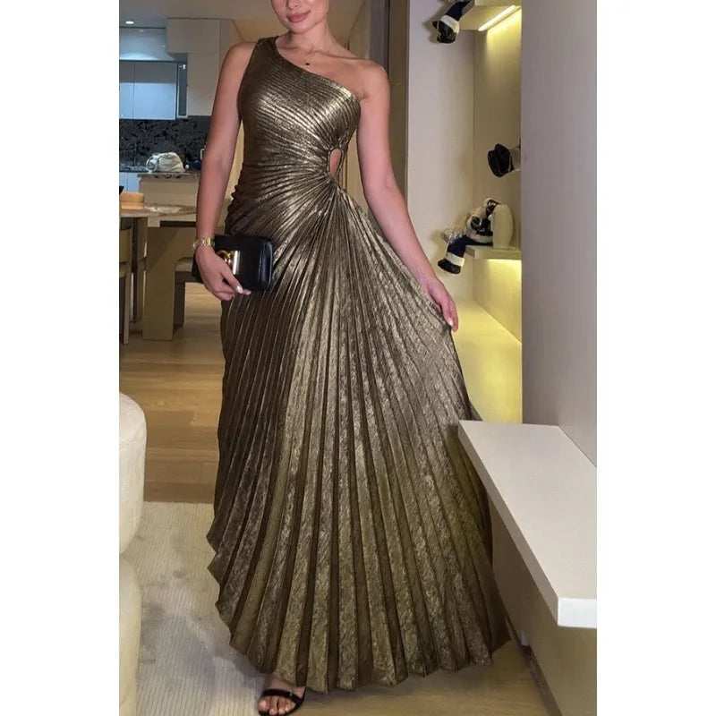 Women’s Metallic One-Shoulder Corset Evening Dress – Ruched Mermaid Gown