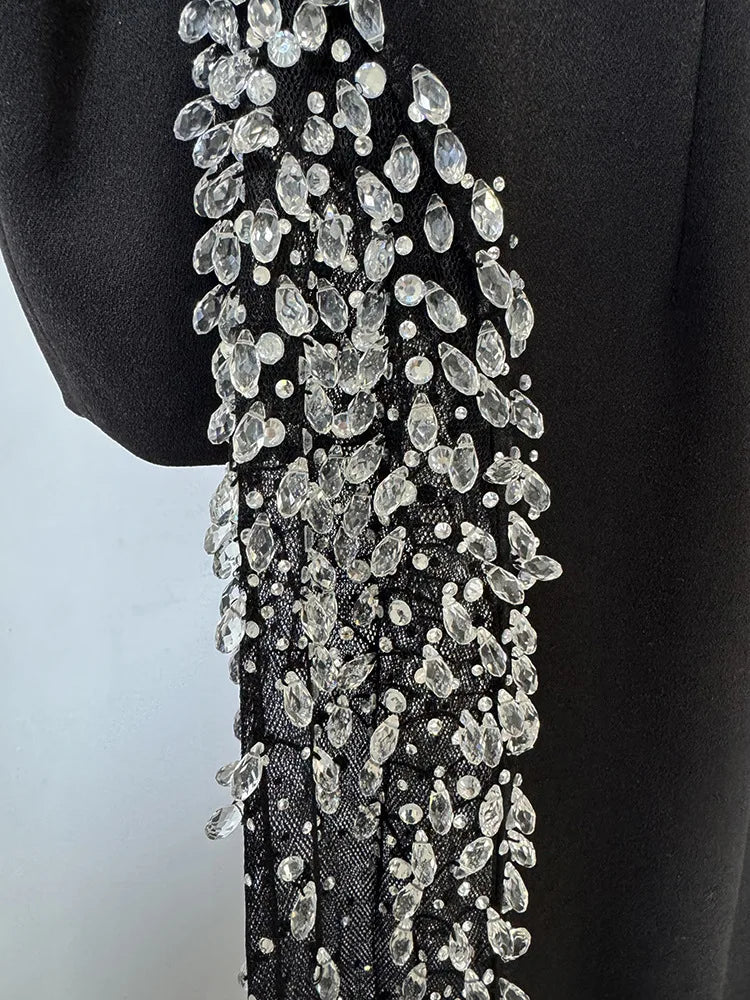 Women’s Diamond Beaded Slash Neck Maxi Dress – Off-Shoulder Patchwork