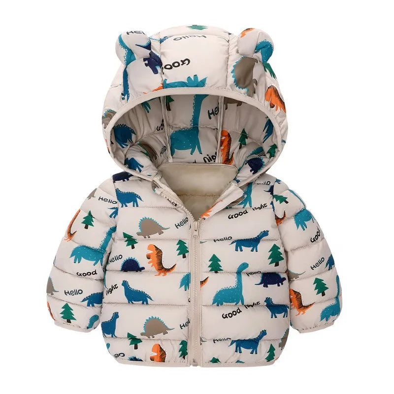 Kids Dinosaur Print Hooded Down Jacket – Winter/Autumn