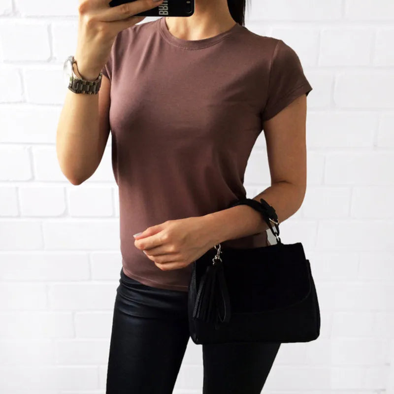 Women’s Short Sleeve Round Neck T-Shirt – Solid Color Top