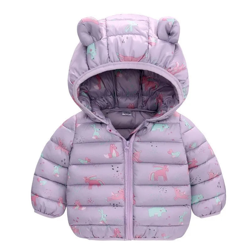 Kids Dinosaur Print Hooded Down Jacket – Winter/Autumn