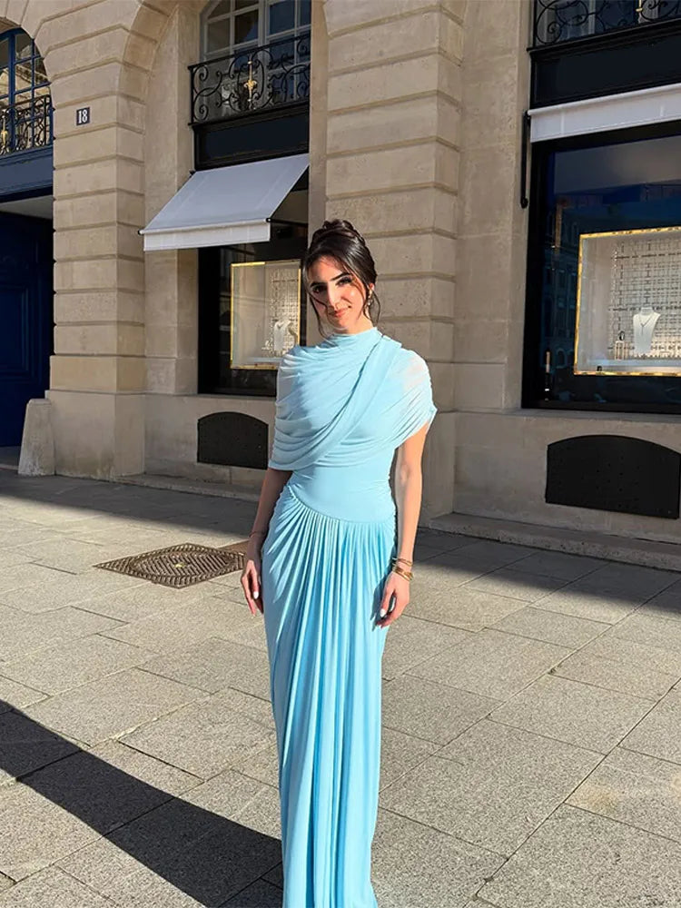 Blue Pleated A-Line Long Dress – Slim Fit