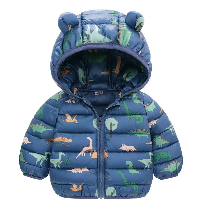 Kids Dinosaur Print Hooded Down Jacket – Winter/Autumn