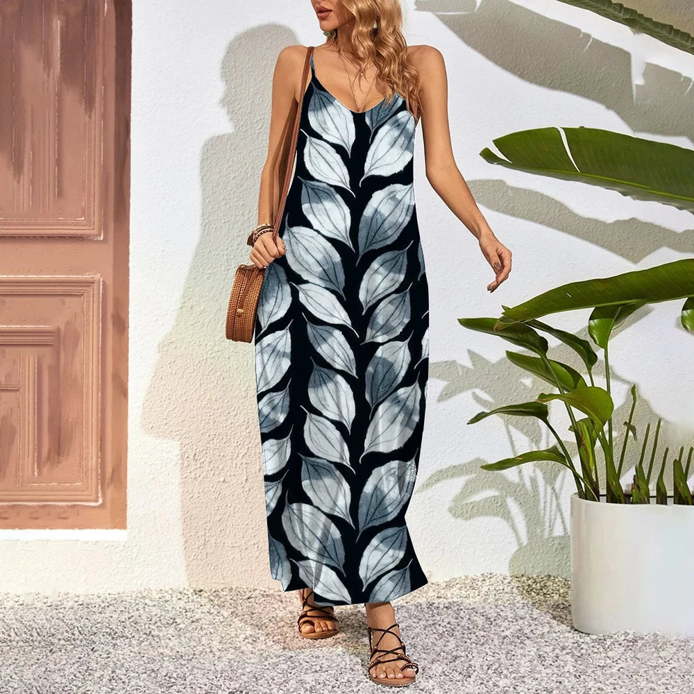 Plus Size Feather 3D Print Maxi Dress – Summer Party Swing Dress
