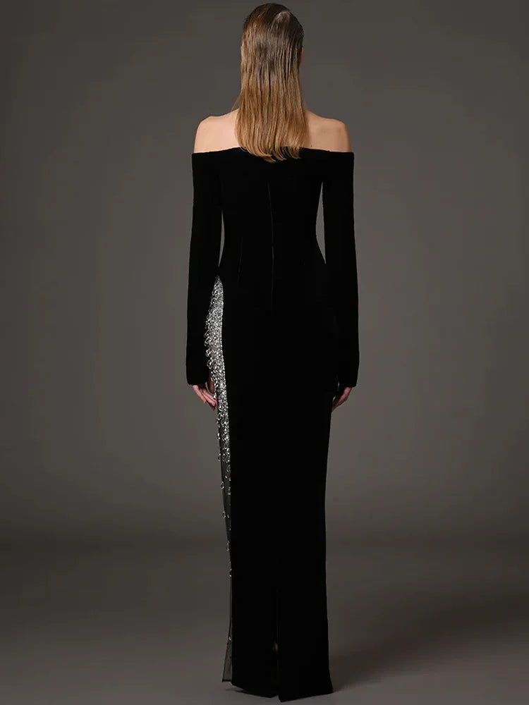 Women’s Diamond Beaded Slash Neck Maxi Dress – Off-Shoulder Patchwork