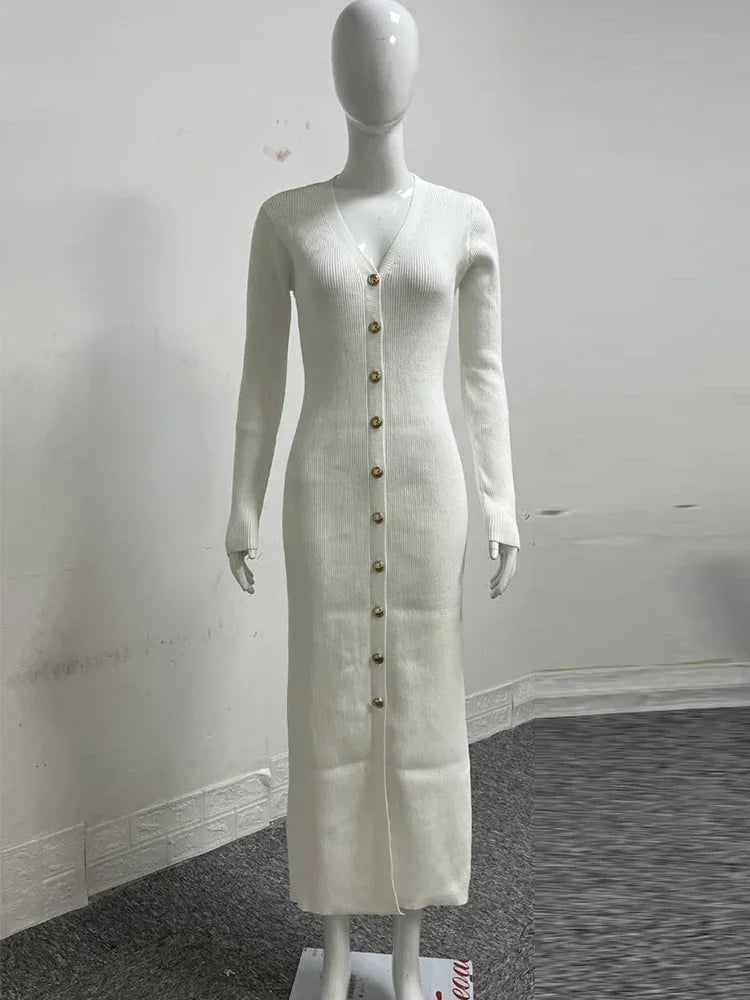 Women’s Elegant V-Neck Knit Maxi Dress – Long Sleeve Sweater Dress