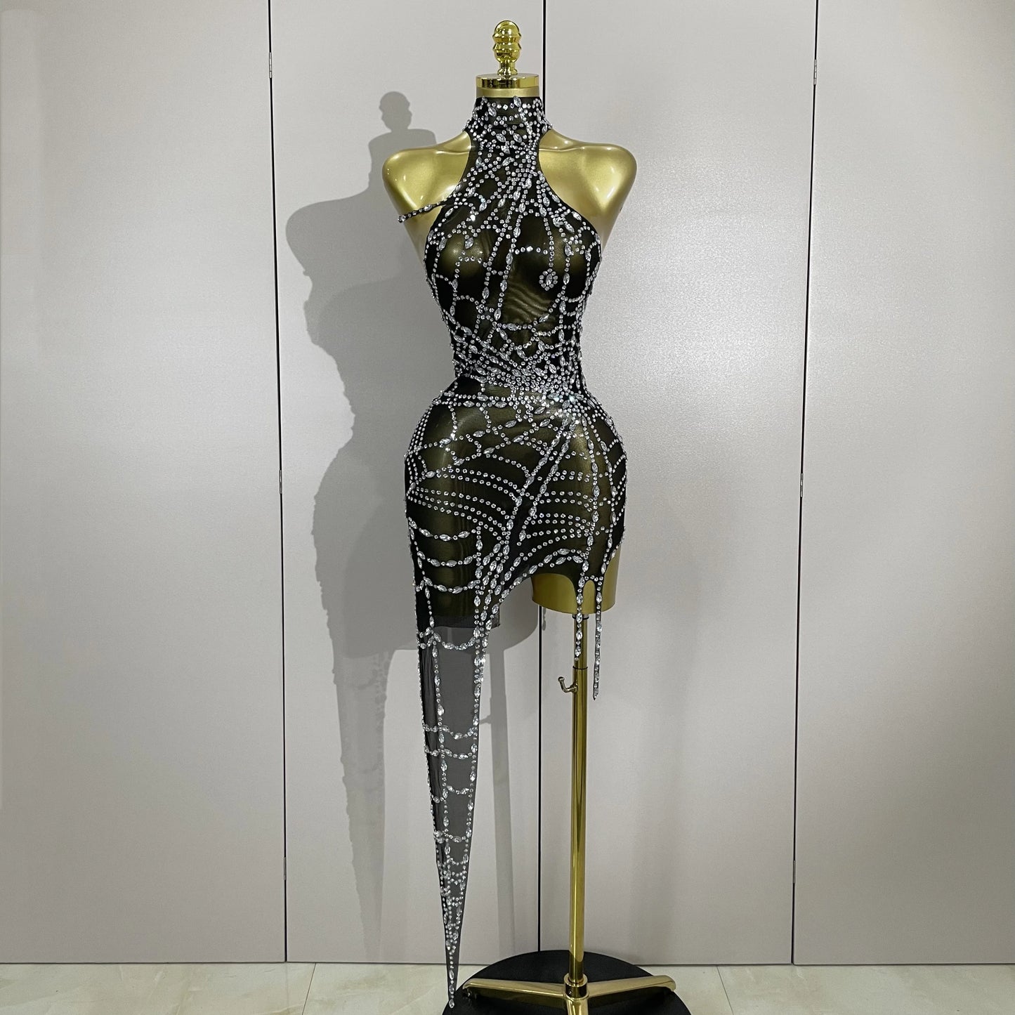 Women’s Sparkly Asymmetric Mesh Bodycon Mini Dress – Club Party Costume