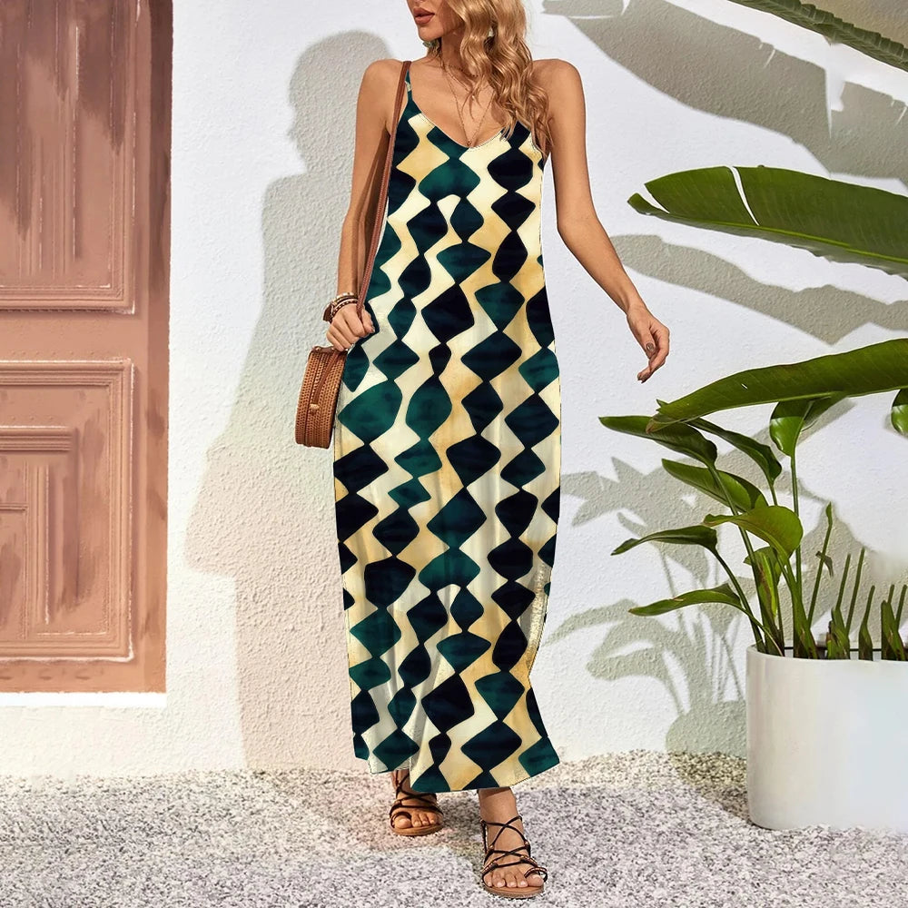 Plus Size Feather 3D Print Maxi Dress – Summer Party Swing Dress