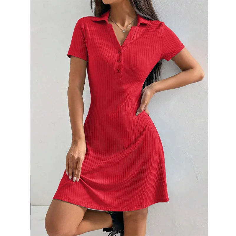 Women’s Summer Polo Collar Dress – Slim Bodycon A-Line Skirt