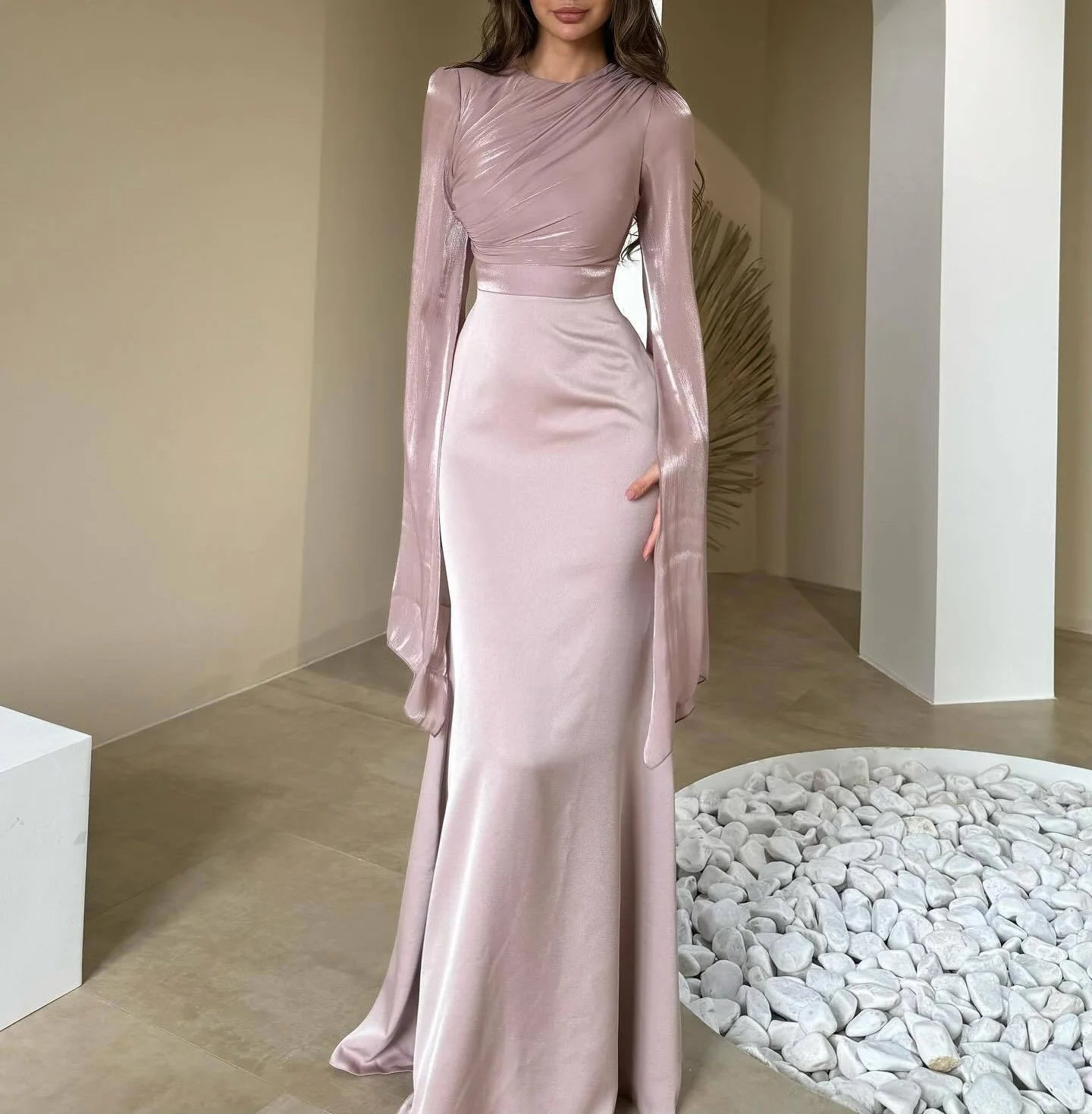 Women’s Elegant Batwing Sleeve Satin Long Dress – High Waist Pleated Slim Dress