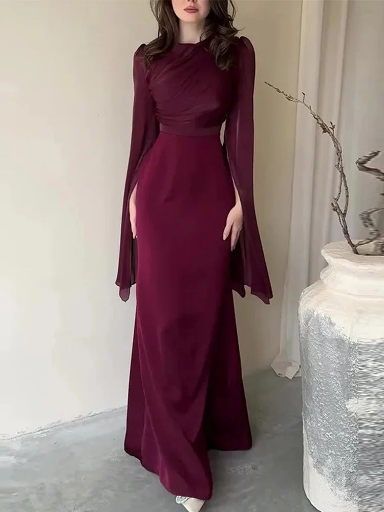 Women’s Elegant Batwing Sleeve Satin Long Dress – High Waist Pleated Slim Dress