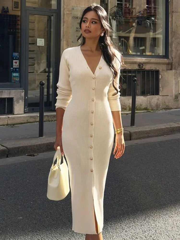 Women’s Elegant V-Neck Knit Maxi Dress – Long Sleeve Sweater Dress