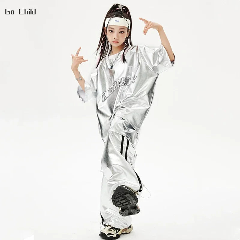 Kids Hip Hop Dance Outfit – Silver T-Shirt & Cargo Pants