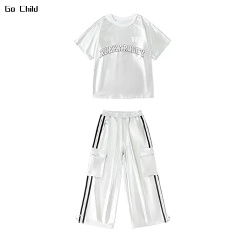 Kids Hip Hop Dance Outfit – Silver T-Shirt & Cargo Pants