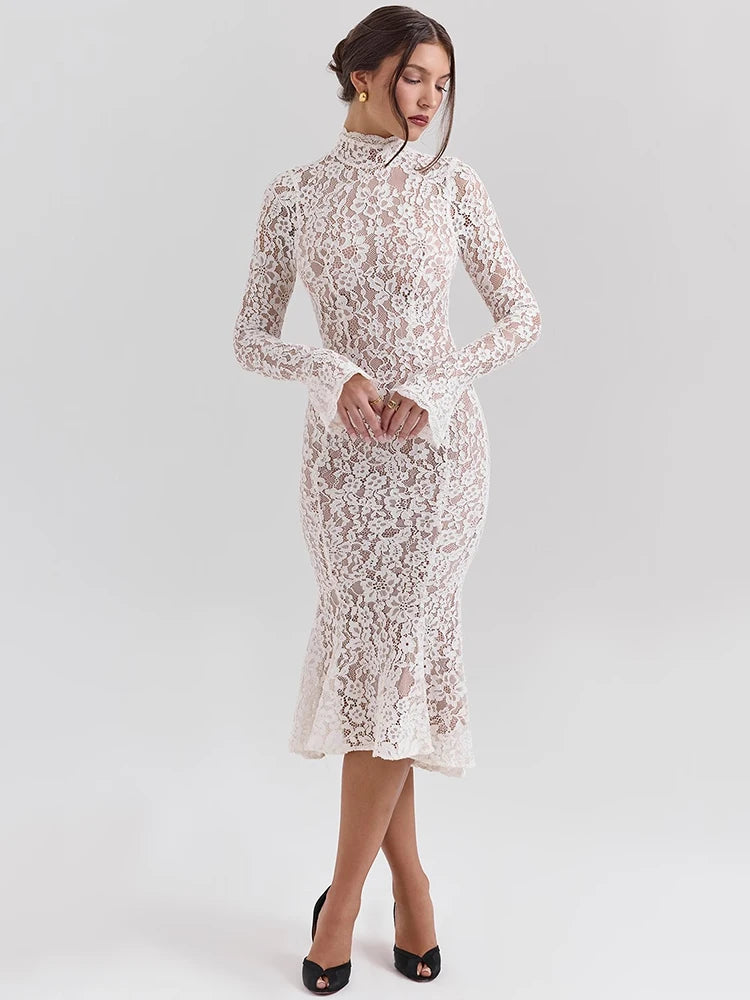 Women’s Lace Long Sleeve Midi Dress – Elegant Bodycon Club Party Dress