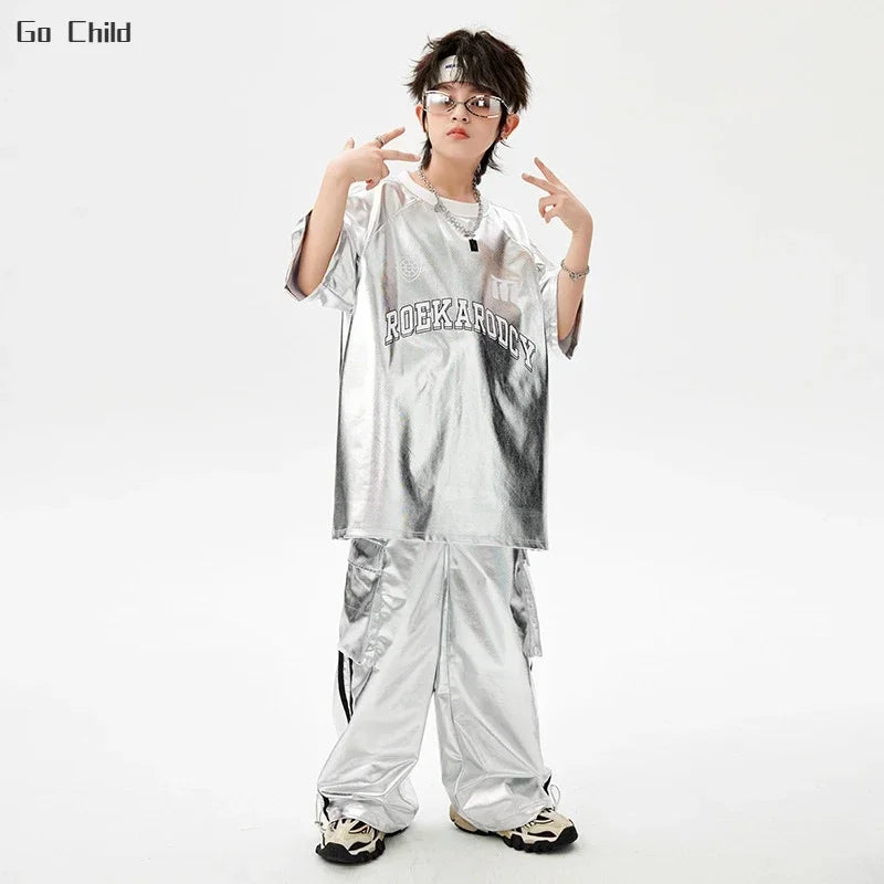 Kids Hip Hop Dance Outfit – Silver T-Shirt & Cargo Pants