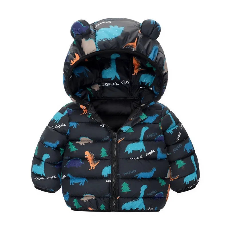 Kids Dinosaur Print Hooded Down Jacket – Winter/Autumn