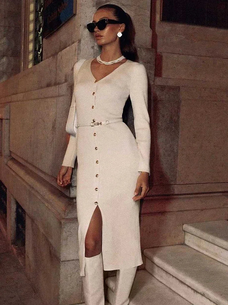 Women’s Elegant V-Neck Knit Maxi Dress – Long Sleeve Sweater Dress