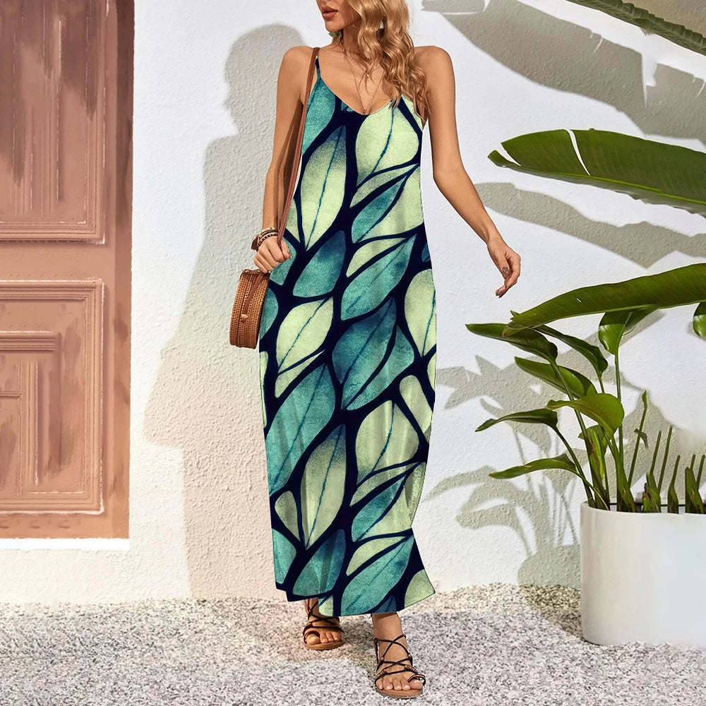 Plus Size Feather 3D Print Maxi Dress – Summer Party Swing Dress