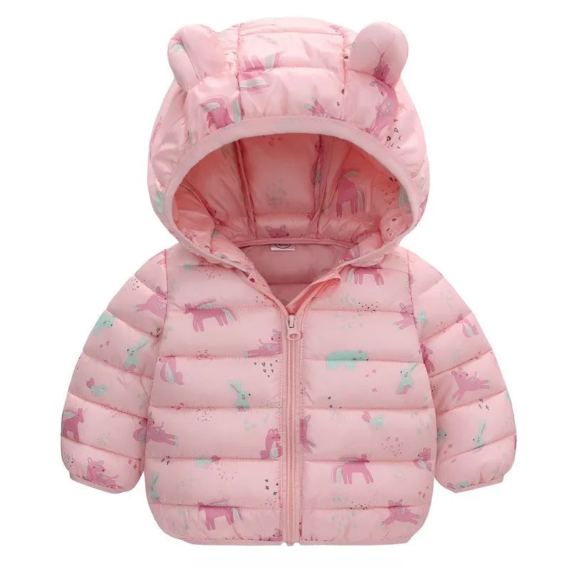 Kids Dinosaur Print Hooded Down Jacket – Winter/Autumn