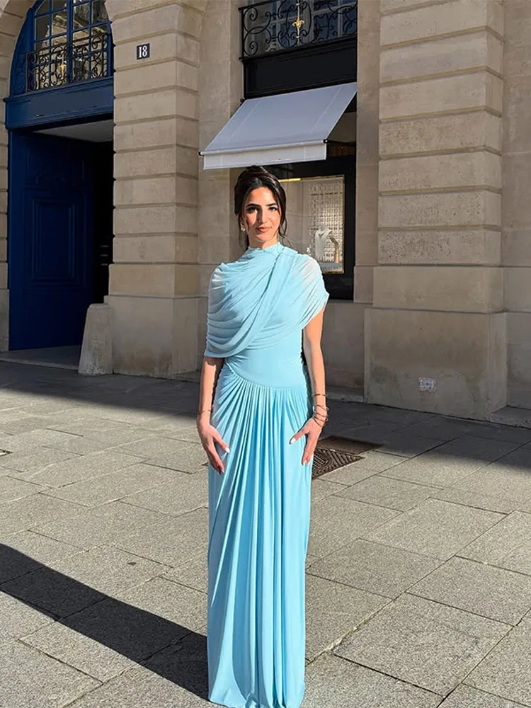 Blue Pleated A-Line Long Dress – Slim Fit