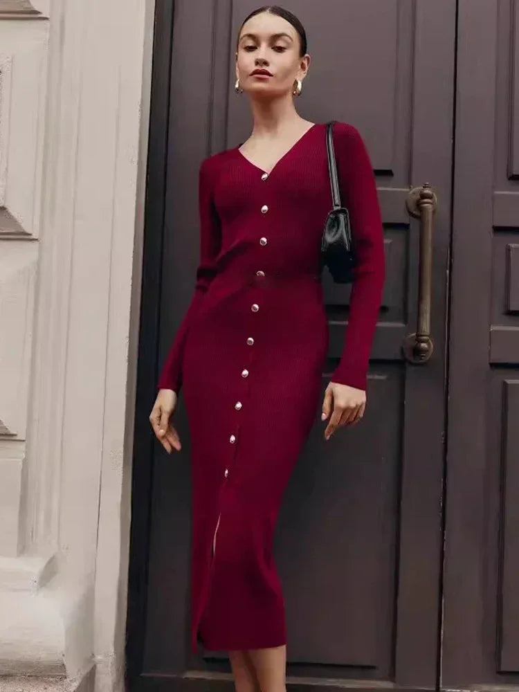 Women’s Elegant V-Neck Knit Maxi Dress – Long Sleeve Sweater Dress