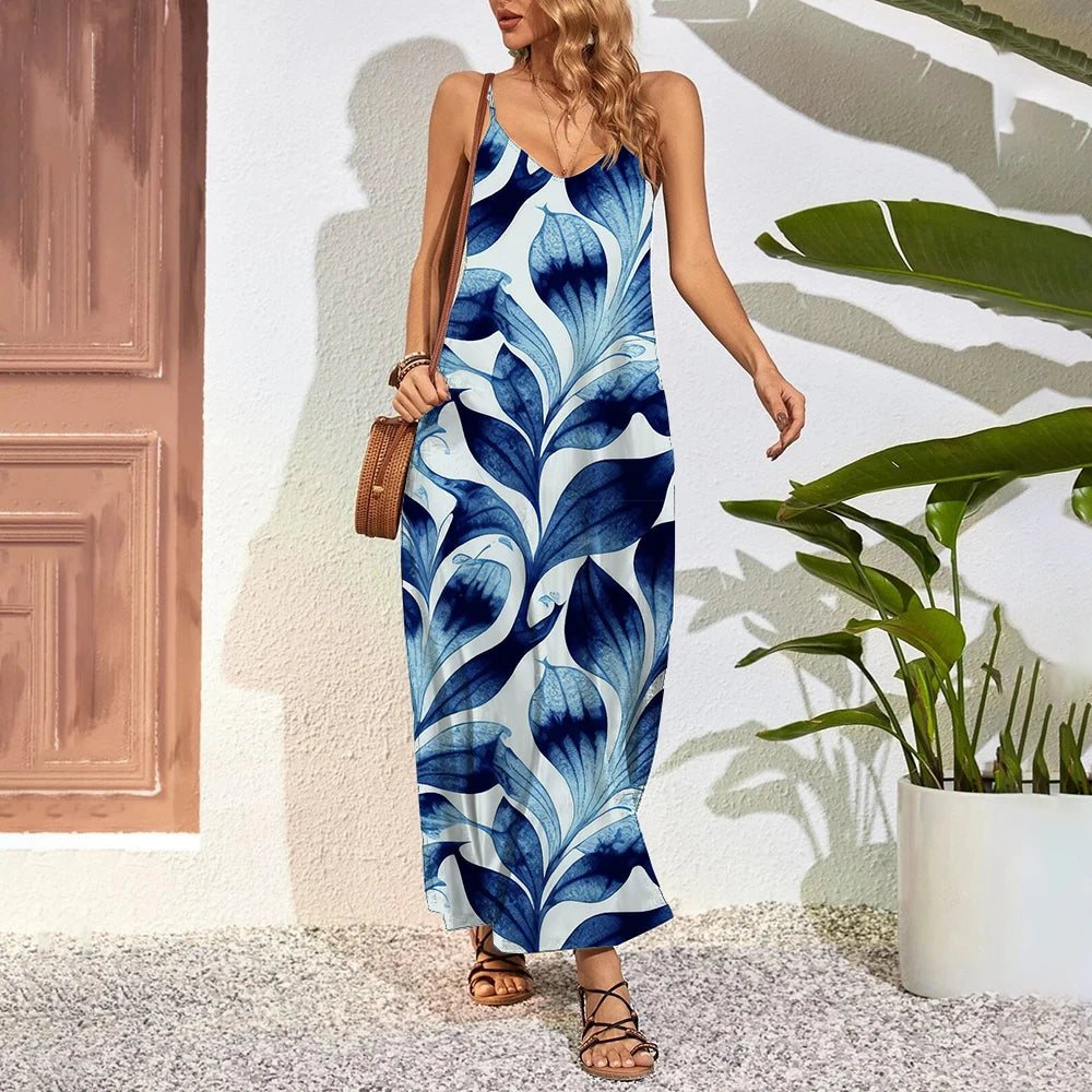 Plus Size Feather 3D Print Maxi Dress – Summer Party Swing Dress