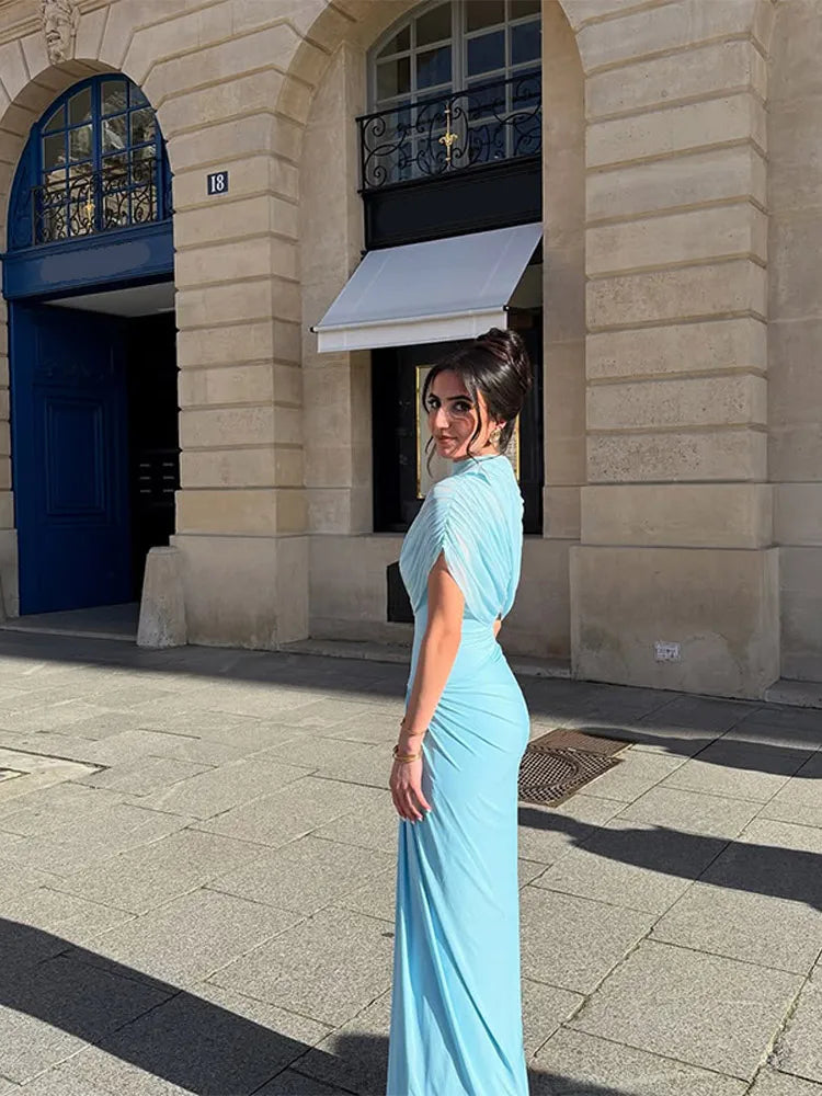 Blue Pleated A-Line Long Dress – Slim Fit