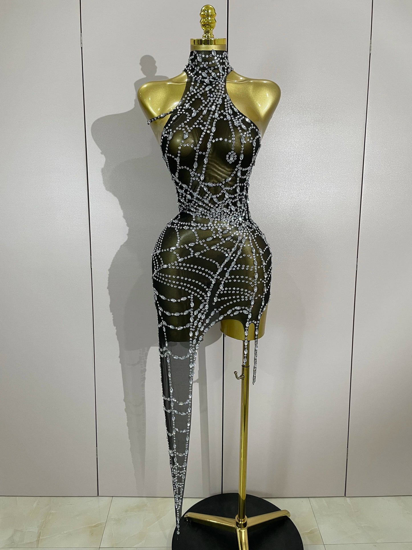 Women’s Sparkly Asymmetric Mesh Bodycon Mini Dress – Club Party Costume