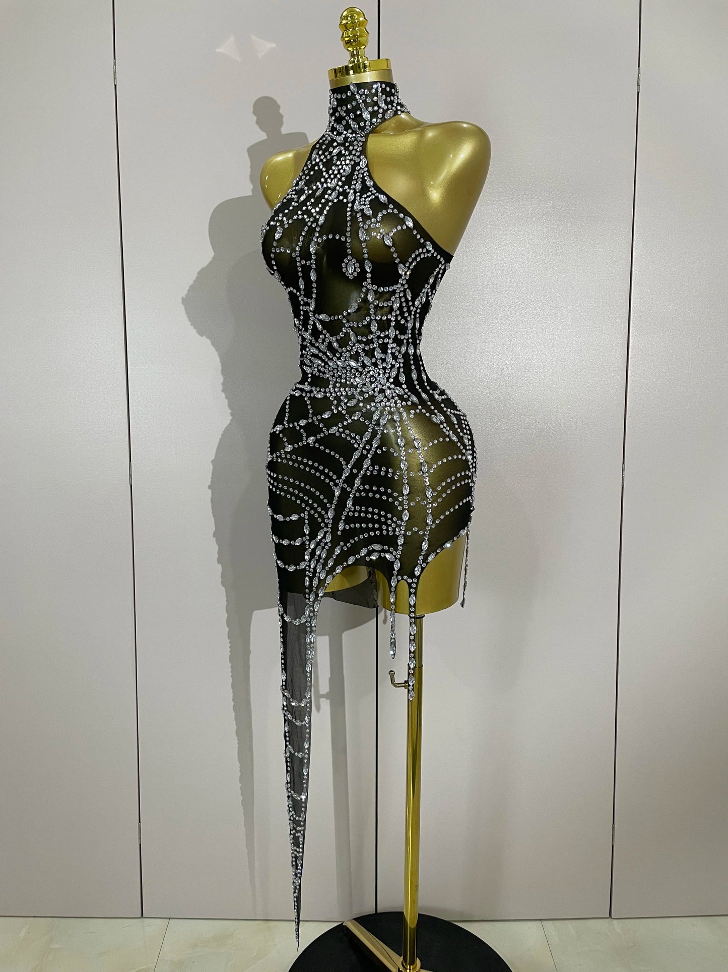 Women’s Sparkly Asymmetric Mesh Bodycon Mini Dress – Club Party Costume