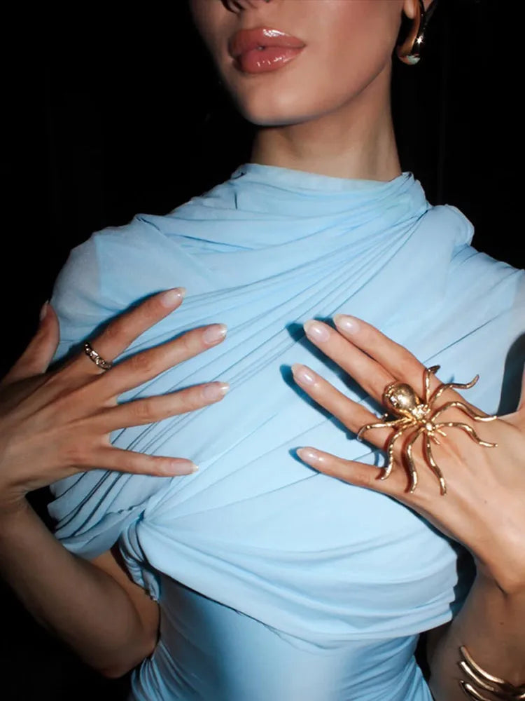 Blue Pleated A-Line Long Dress – Slim Fit