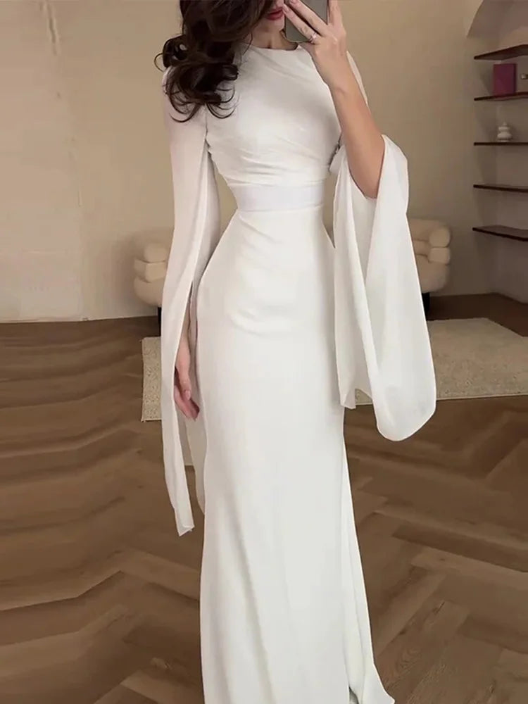 Women’s Elegant Batwing Sleeve Satin Long Dress – High Waist Pleated Slim Dress