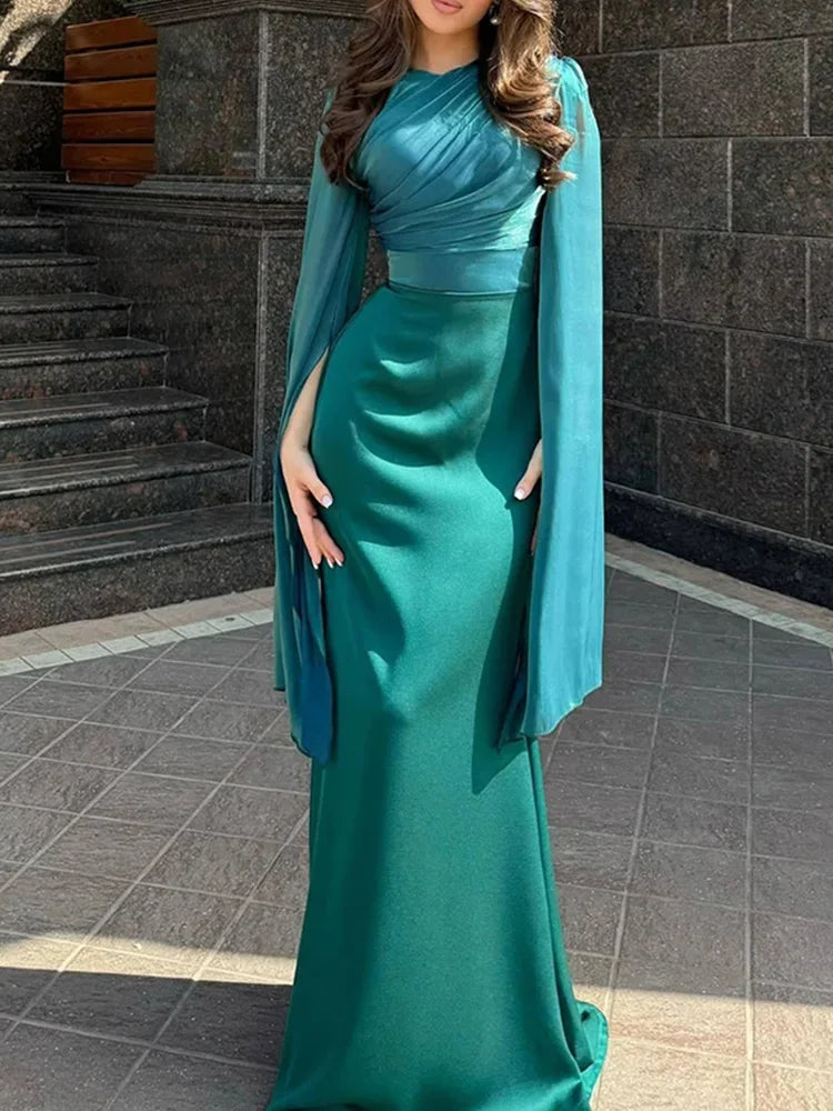 Women’s Elegant Batwing Sleeve Satin Long Dress – High Waist Pleated Slim Dress