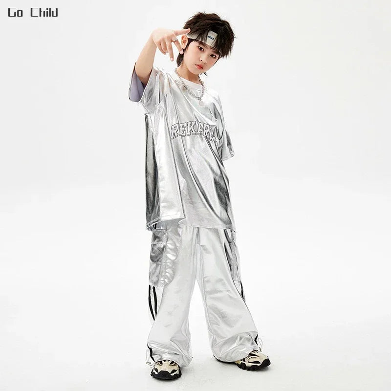 Kids Hip Hop Dance Outfit – Silver T-Shirt & Cargo Pants