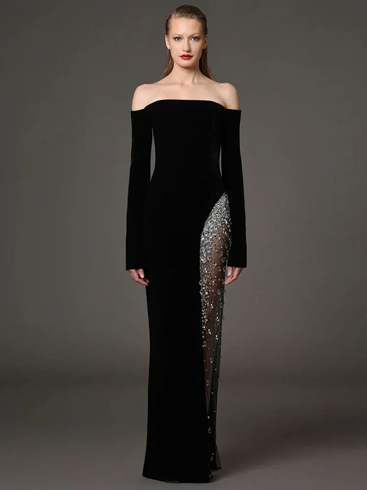 Women’s Diamond Beaded Slash Neck Maxi Dress – Off-Shoulder Patchwork