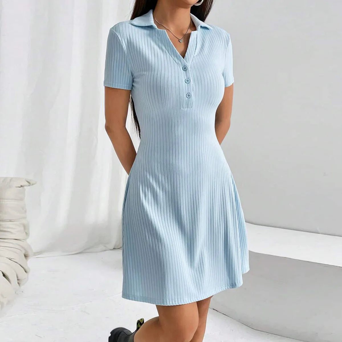 Women’s Summer Polo Collar Dress – Slim Bodycon A-Line Skirt