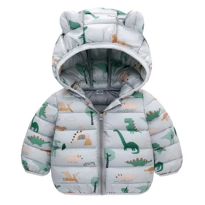 Kids Dinosaur Print Hooded Down Jacket – Winter/Autumn