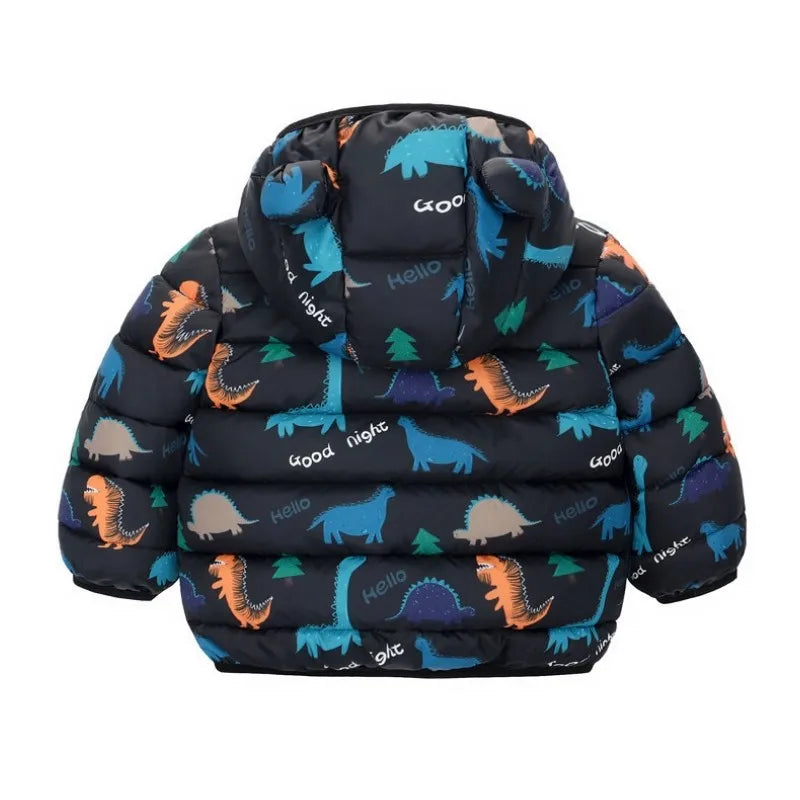 Kids Dinosaur Print Hooded Down Jacket – Winter/Autumn