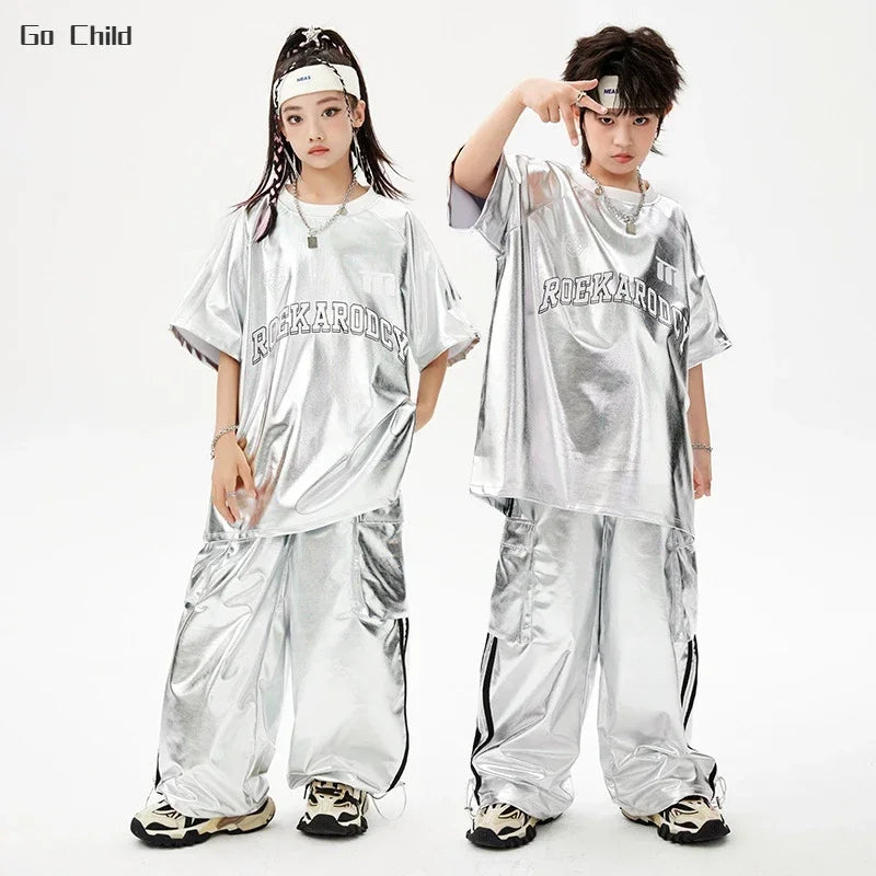 Kids Hip Hop Dance Outfit – Silver T-Shirt & Cargo Pants