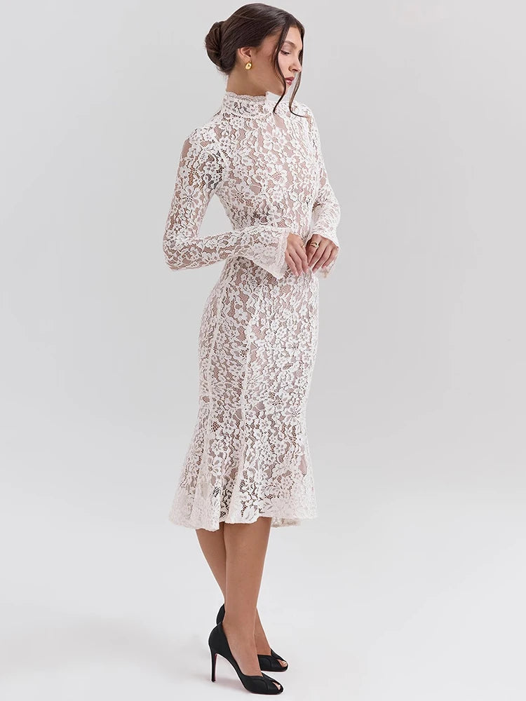Women’s Lace Long Sleeve Midi Dress – Elegant Bodycon Club Party Dress